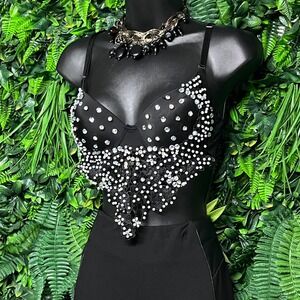 Love J Top Black Rhinestone Bra Party Festival‎ Rave Burlesque Lingerie 3112